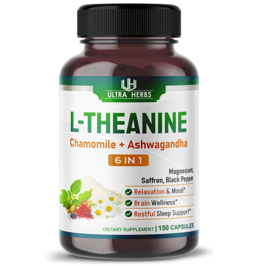 Supplement bottle labeled 'L-Theanine' with Ultra Herbs branding on a white background