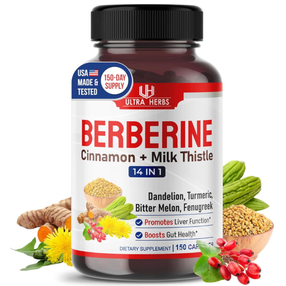 Supplement bottle labeled 'Berberine Cinnamon + Milk Thistle' with herbs on a white background
