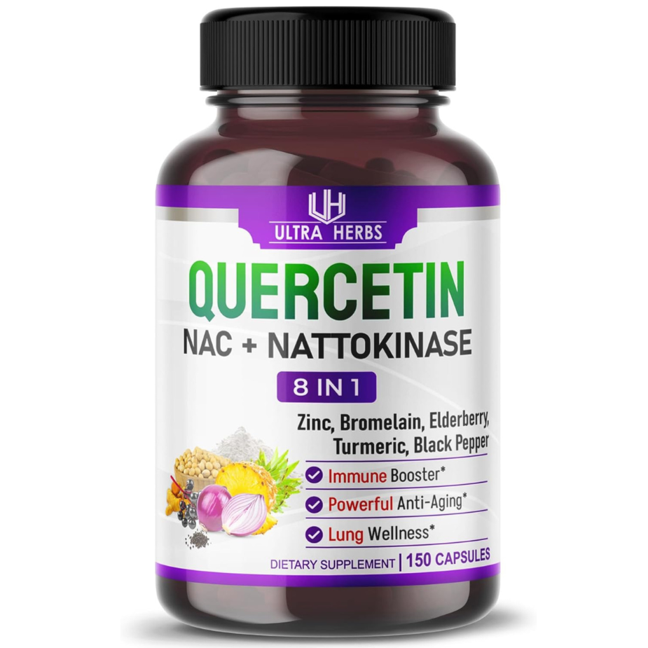 Supplement bottle labeled 'Quercetin NAC + Nattokinase' by Ultra Herbs on a white background