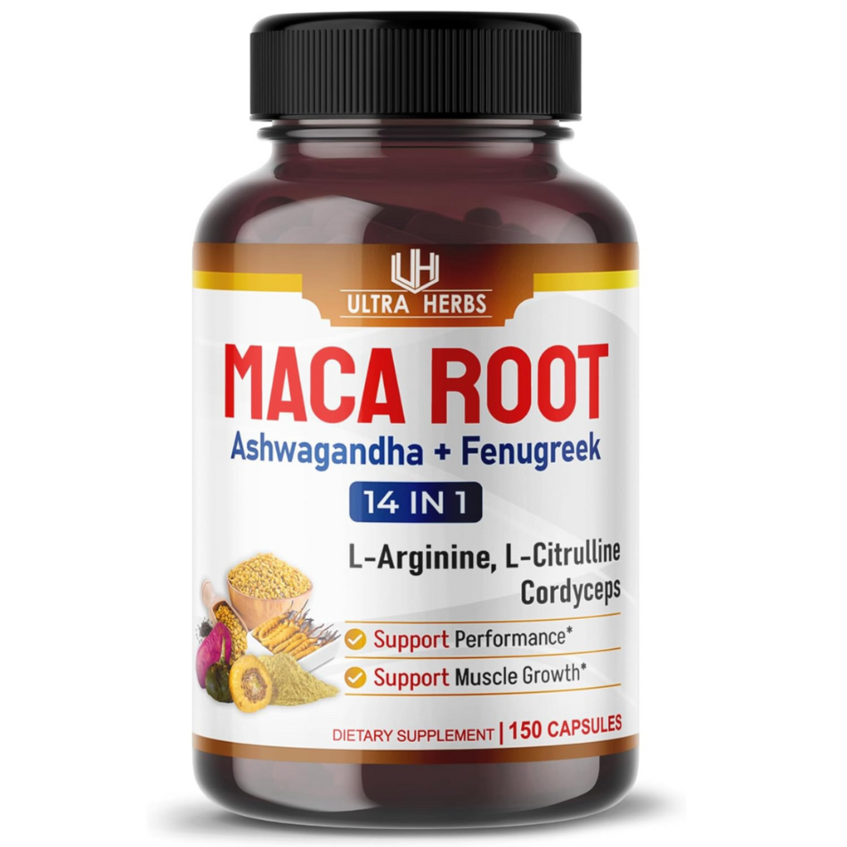 Supplement bottle labeled 'Maca Root' by Ultra Herbs on a white background