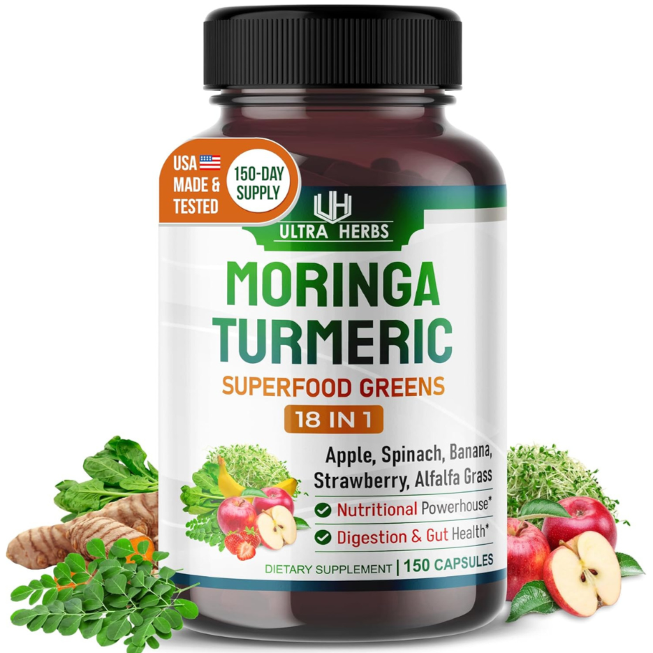 Supplement bottle labeled 'Moringa Turmeric Superfood Greens' by Ultra Herbs on a white background.