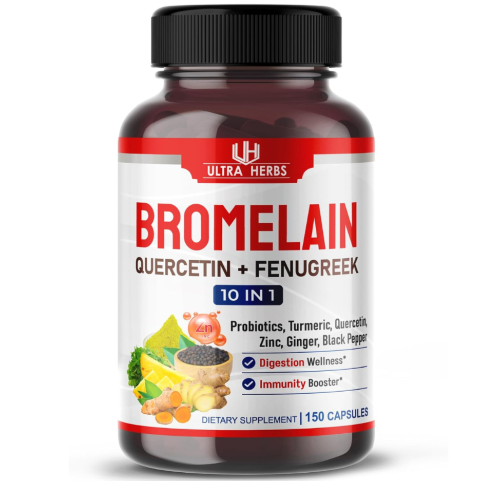 Supplement bottle labeled 'Bromelain Quercetin + Fenugreek' by Ultra Herbs on a white background