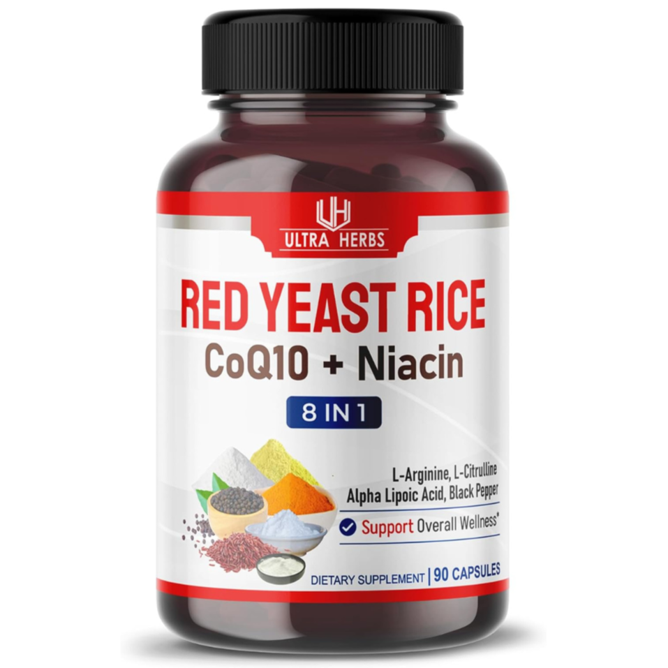Supplement bottle labeled 'Red Yeast Rice CoQ10 + Niacin' by Ultra Herbs on a white background
