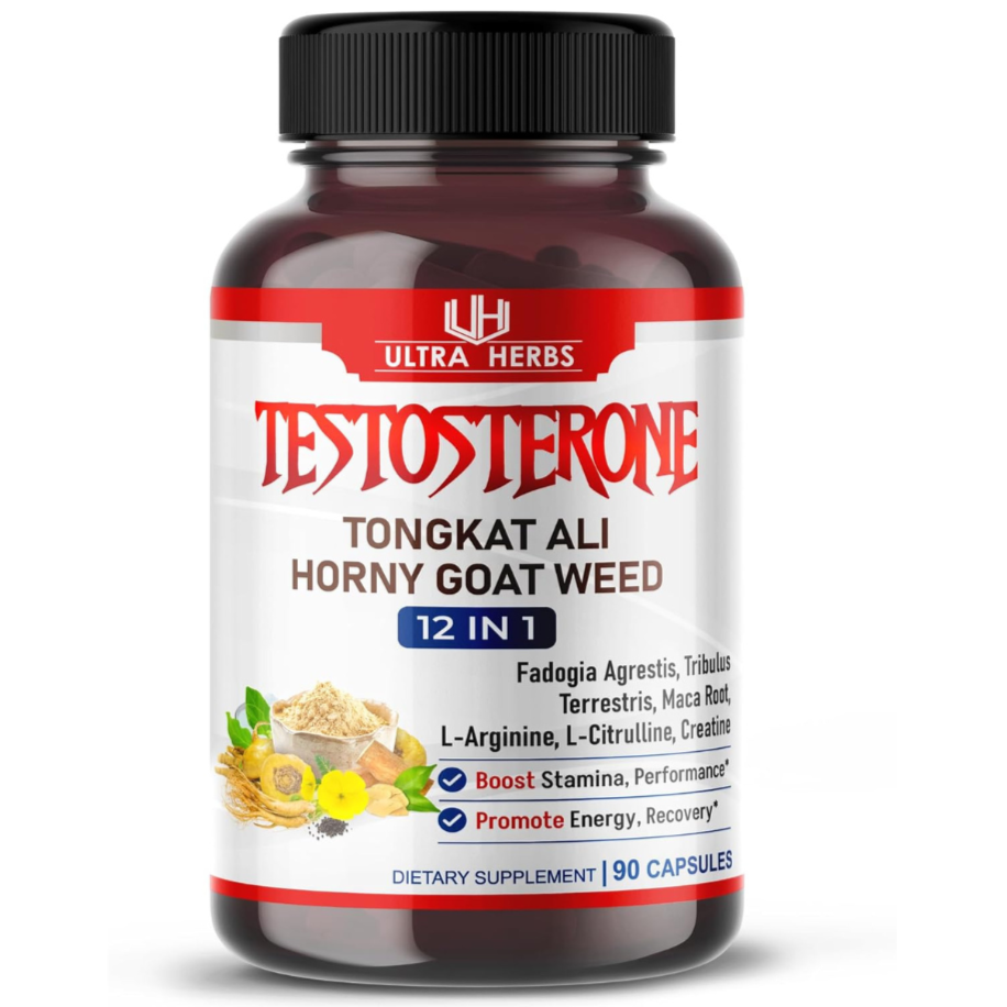 Supplement bottle labeled 'Testosterone' with Ultra Herbs branding on a white background