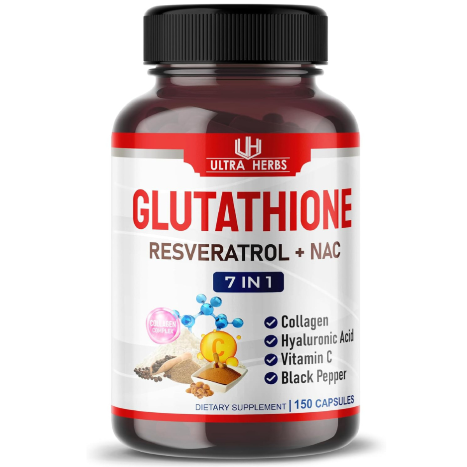 Supplement bottle labeled 'Glutathione Resveratrol + NAC' by Ultra Herbs on a white background