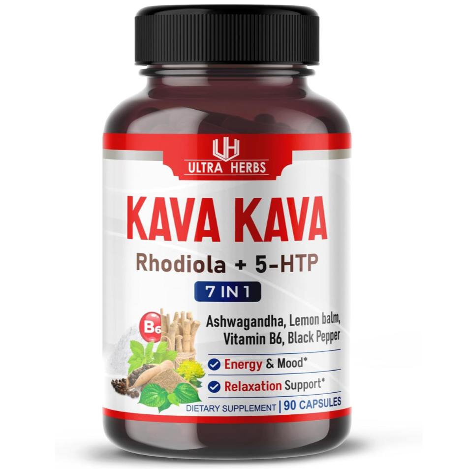 Supplement bottle labeled 'Kava Kava' by Ultra Herbs on a white background