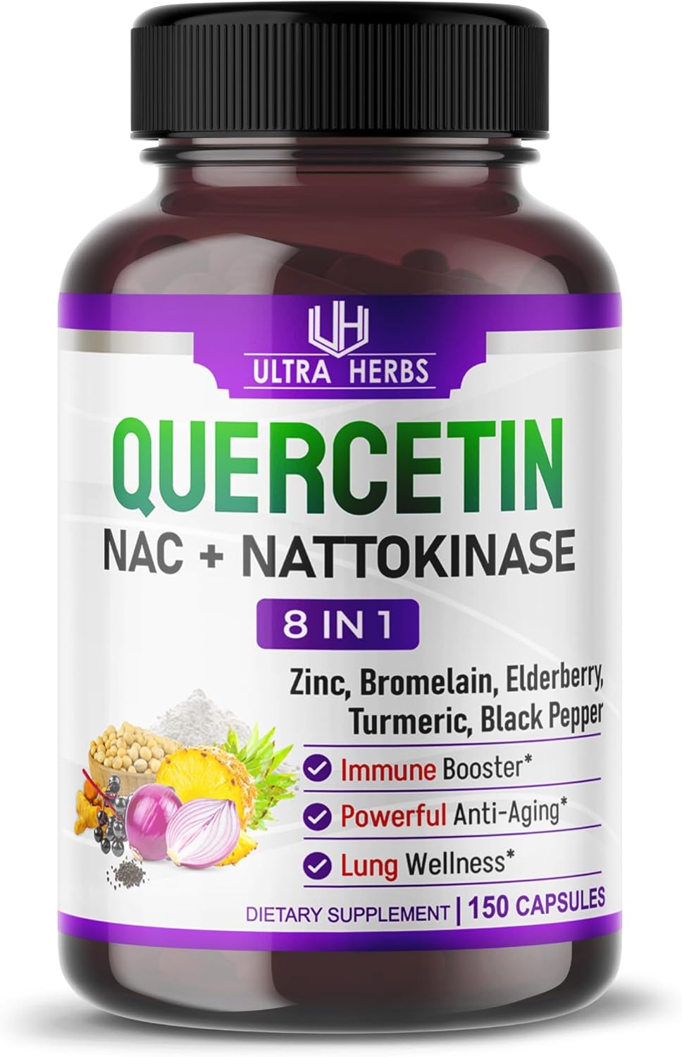 Quercetin Supplement with Bromelain, Vitamin C and Zinc, Nattokinase, NAC, Elderberry, Elderberry | 8 in 1 Ultra Antioxidant Complex for Immune Health | 150 Capsules