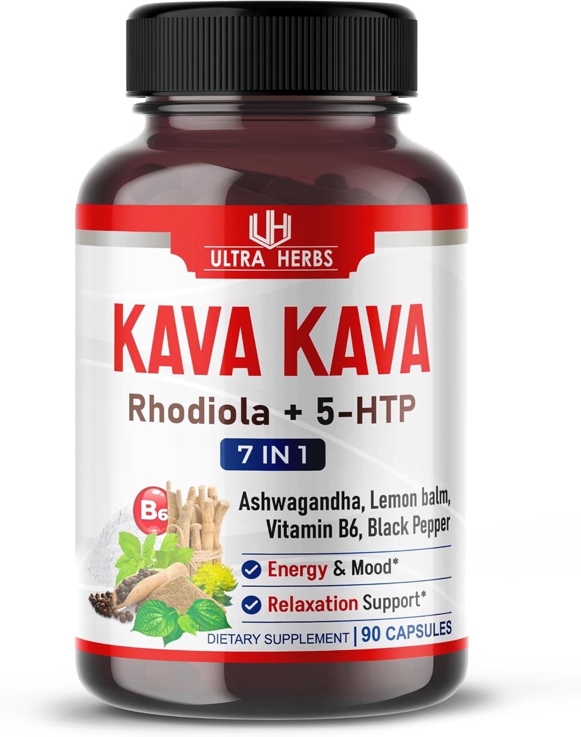 Kava Kava Capsules Supplement - Formula Enriched with Ashwagandha, 5-HTP, Rhodiola, Lemon Balm, Support Mood, Calm & Relaxation | 90 Capsules