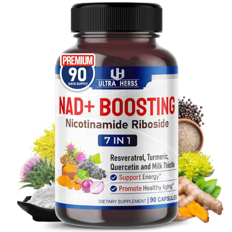 Supplement bottle labeled 'NAD+ Boosting' with various health benefits on a white background