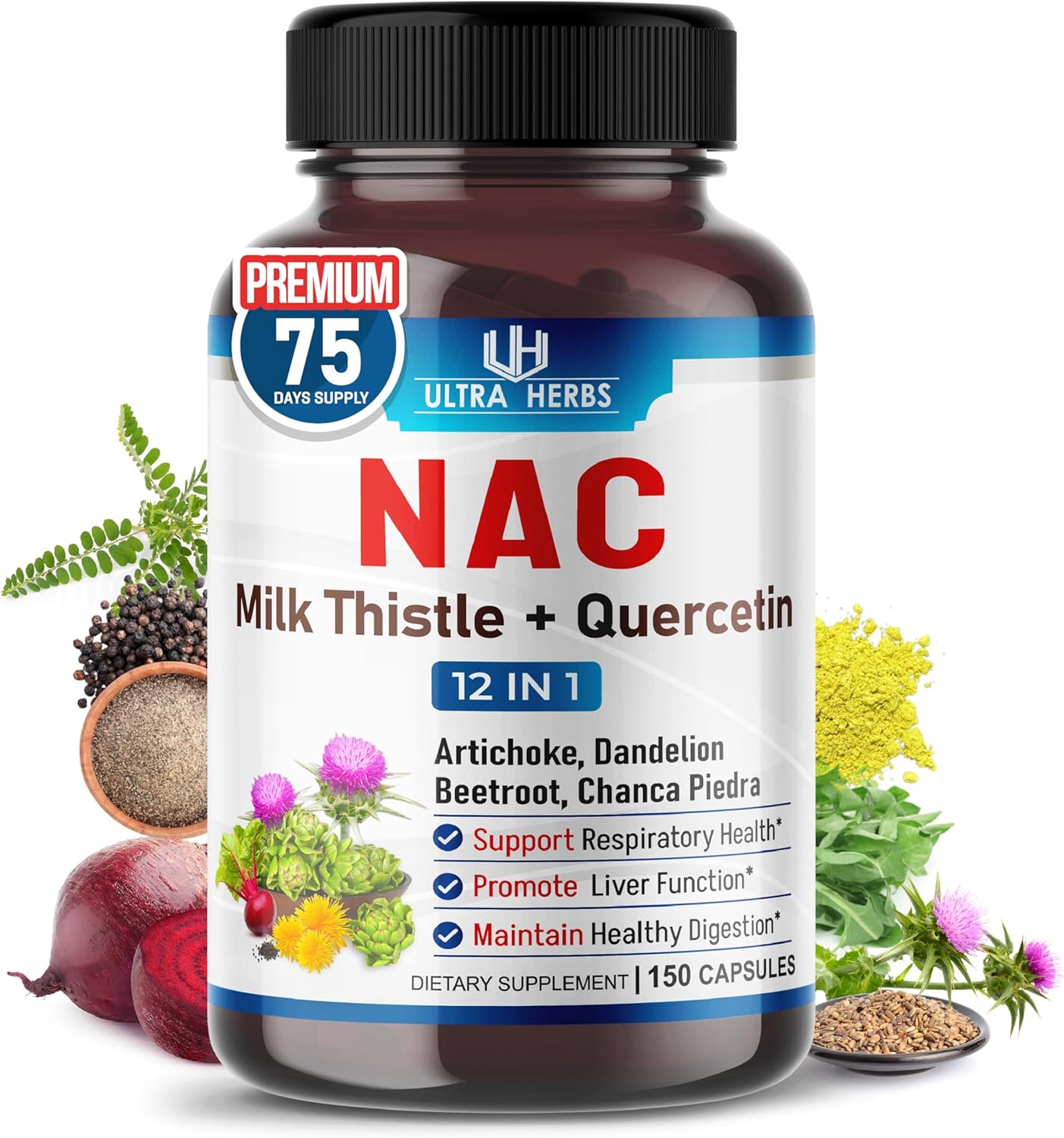 NAC Supplement N-Aetyl Cysteine Enriched with Milk Thistle, Quercetin - Support Immunity, Respiratory Health & Liver Detox | 150 Capsules