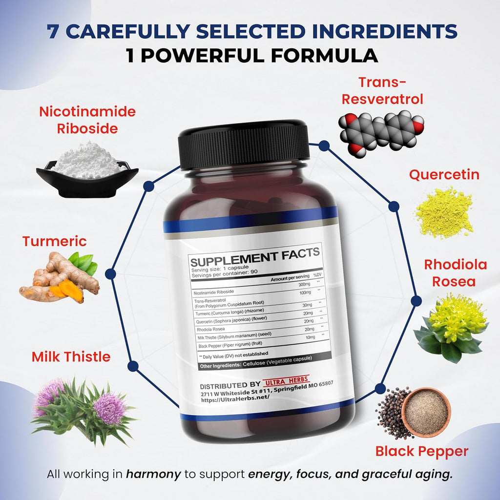 NAD+ Supplement with Nicotinamide Riboside NR, Trans Resveratrol, Quercetin - Support Cellular Energy, Longevity, Healthy Aging *USA Made & Tested* (90 Count (Pack of 1))