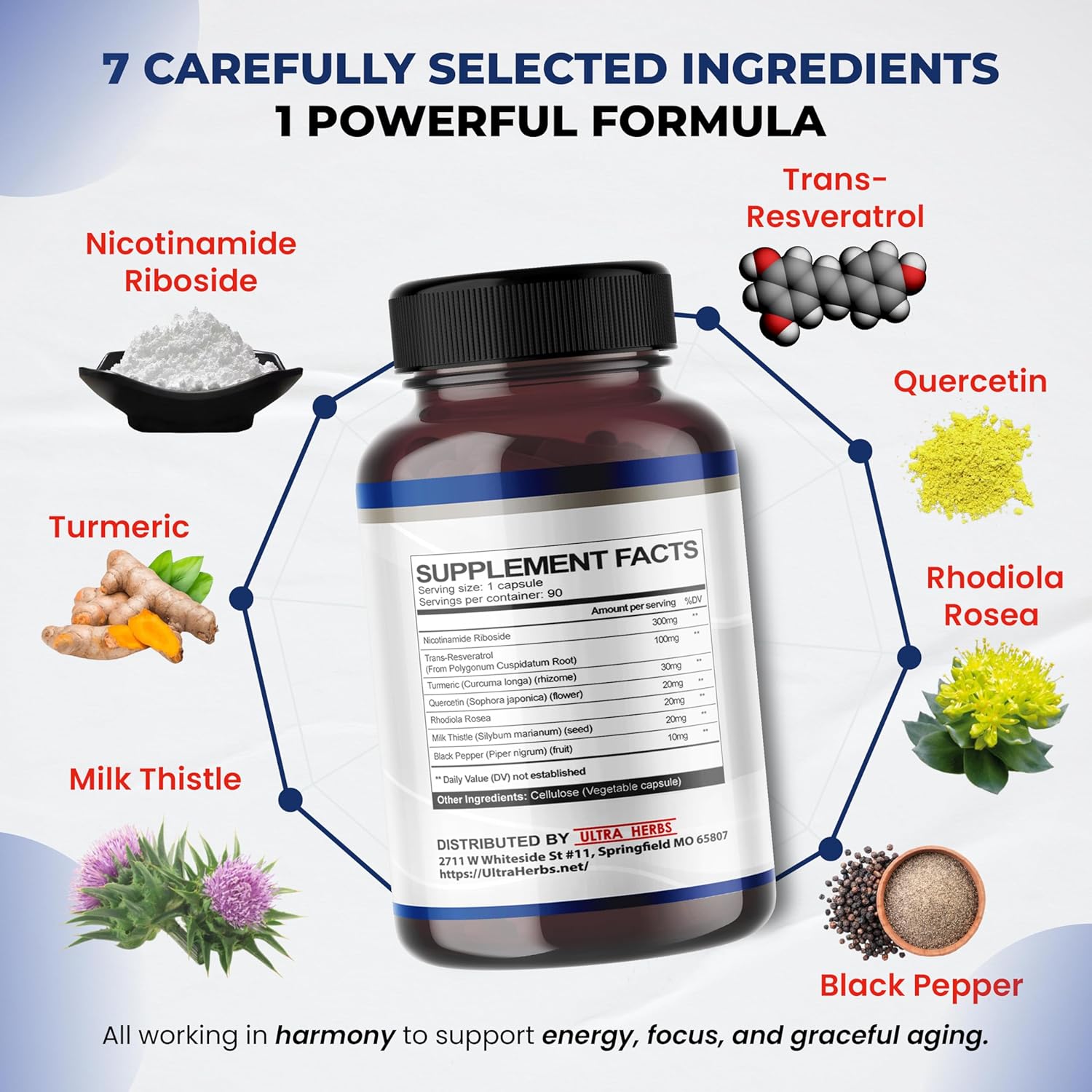 NAD+ Supplement with Nicotinamide Riboside NR, Trans Resveratrol, Quercetin - Support Cellular Energy, Longevity, Healthy Aging *USA Made & Tested* (90 Count (Pack of 1))