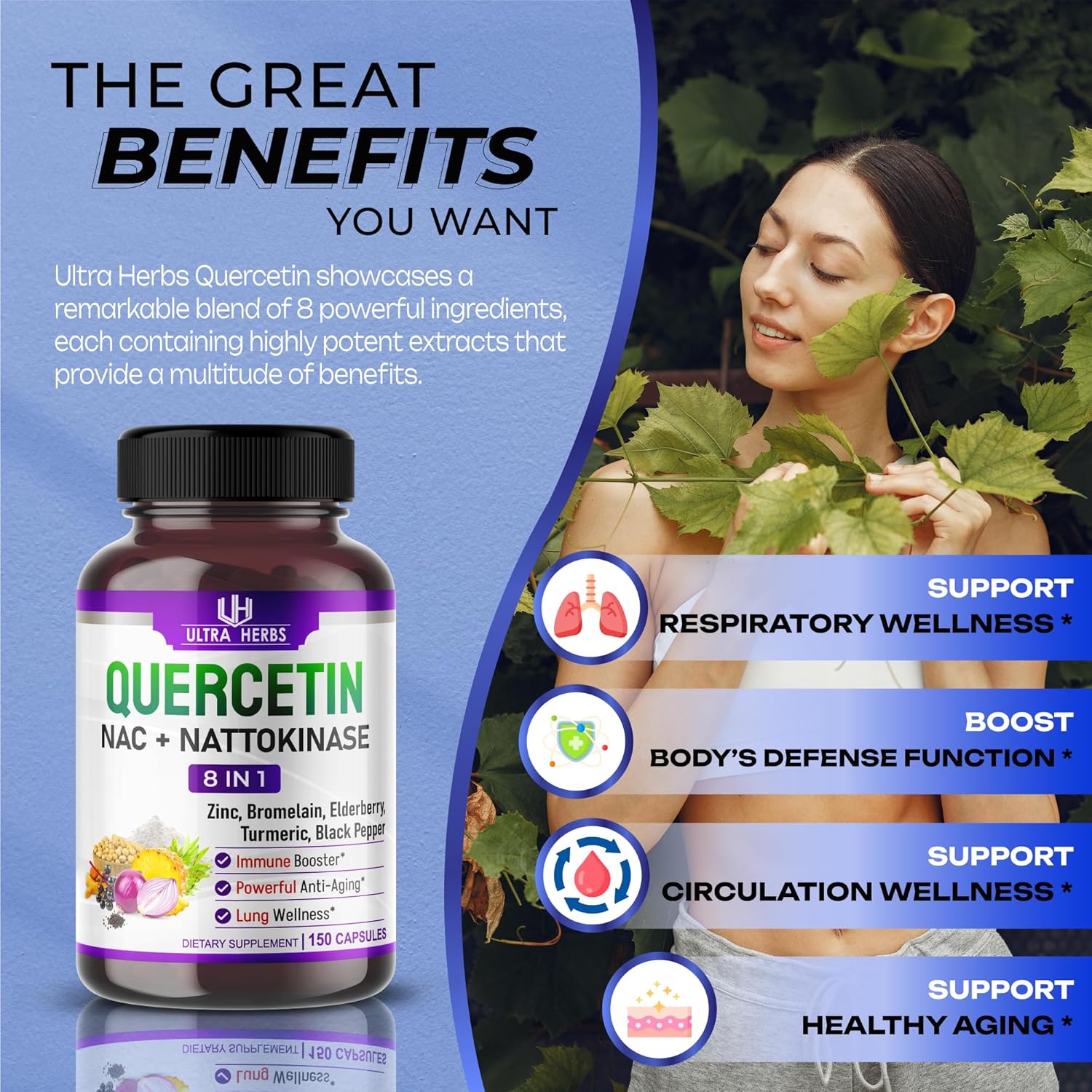 Quercetin Supplement with Bromelain, Vitamin C and Zinc, Nattokinase, NAC, Elderberry, Elderberry | 8 in 1 Ultra Antioxidant Complex for Immune Health | 150 Capsules