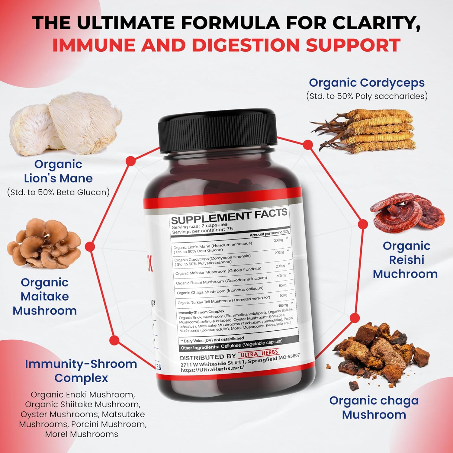 Ultra Mushroom Supplement Complex w Lion's Mane Cordyceps Maitake - 8 in 1 Mushroom Brain Supplements for Enhanced Clarity and Focus | 150 Capsules
