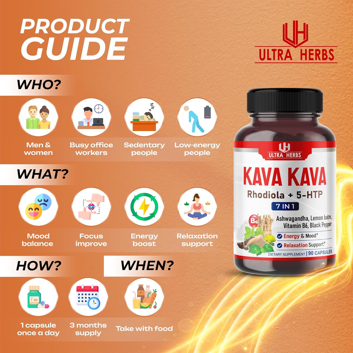 Kava Kava Capsules Supplement - Formula Enriched with Ashwagandha, 5-HTP, Rhodiola, Lemon Balm, Support Mood, Calm & Relaxation | 90 Capsules