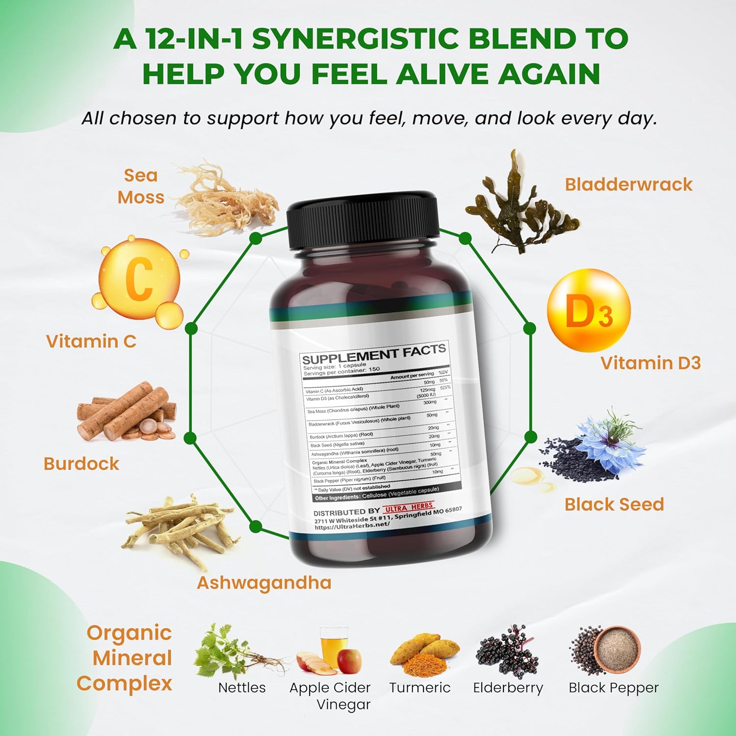 Organic Sea Moss Capsules with Black Seed Oil, Ashwagandha, Burdock Root, Bladderwrack for Immune System, Gut, Skin & Energy *USA Made & Tested* (150 Count (Pack of 1))