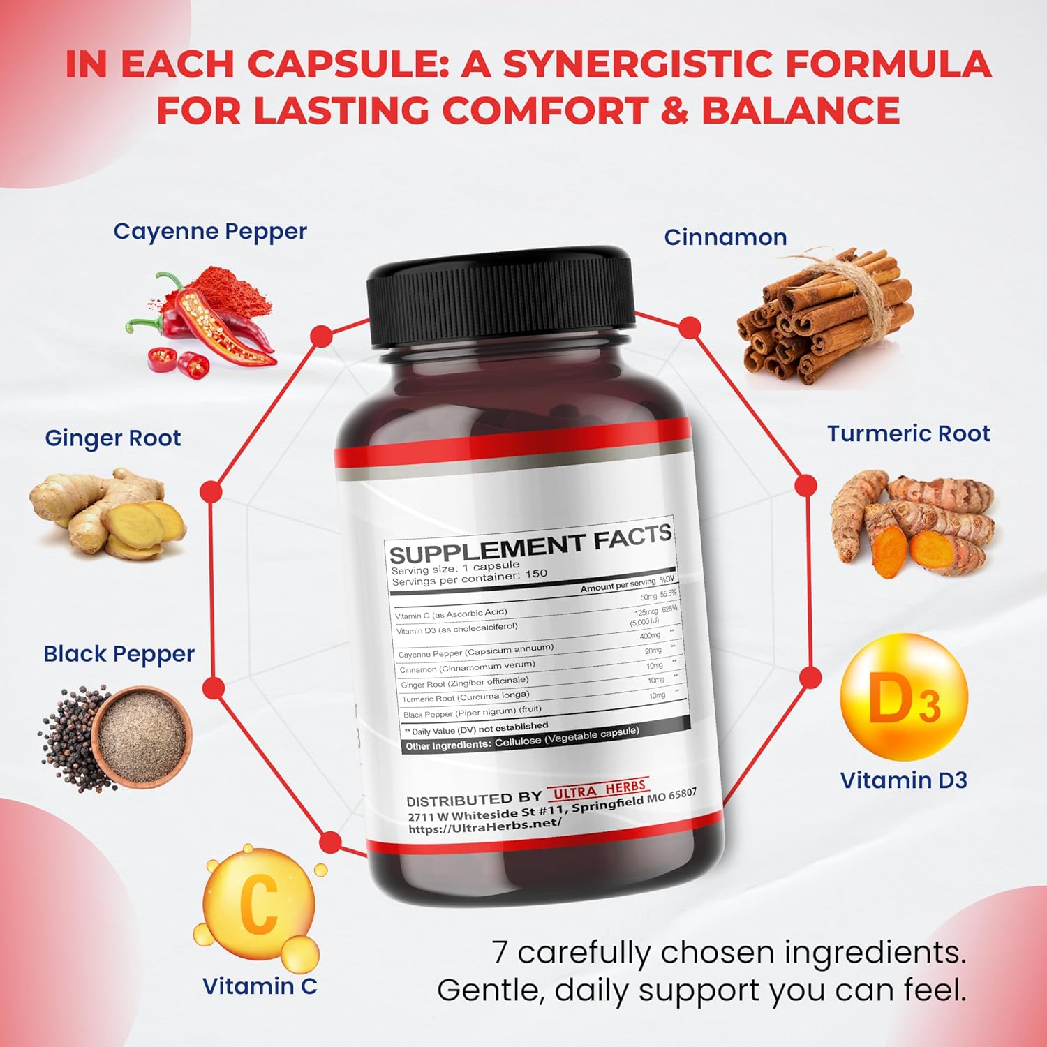 Cayenne Pepper 7 in 1 - - with Ginger, Turmeric, Cinnamon, Black Pepper - Promotes Digestive System Function (150-day Supply (Pack of 1))