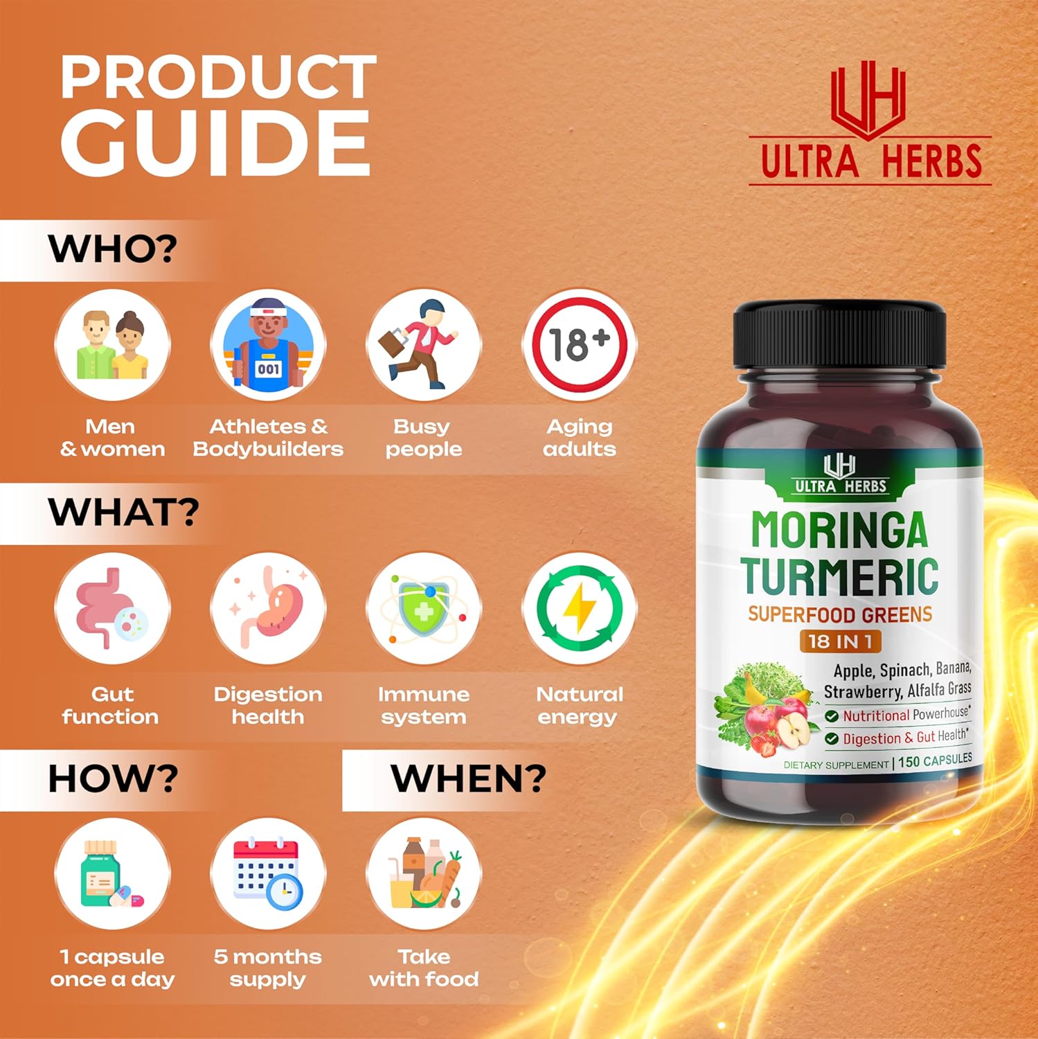 Superfood Greens 18 IN 1 - with Fruits & Vegetables & Herbs -Moringa, Alfalfa, Apple, Spinatch, Banana, Strawberry- Boost Energy, Immunity and Gut Health (150-day supply (pack of 1))