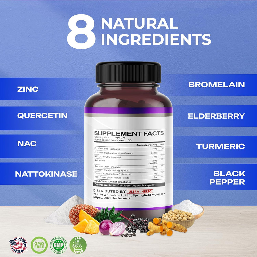 Quercetin Supplement with Bromelain, Vitamin C and Zinc, Nattokinase, NAC, Elderberry, Elderberry | 8 in 1 Ultra Antioxidant Complex for Immune Health | 150 Capsules