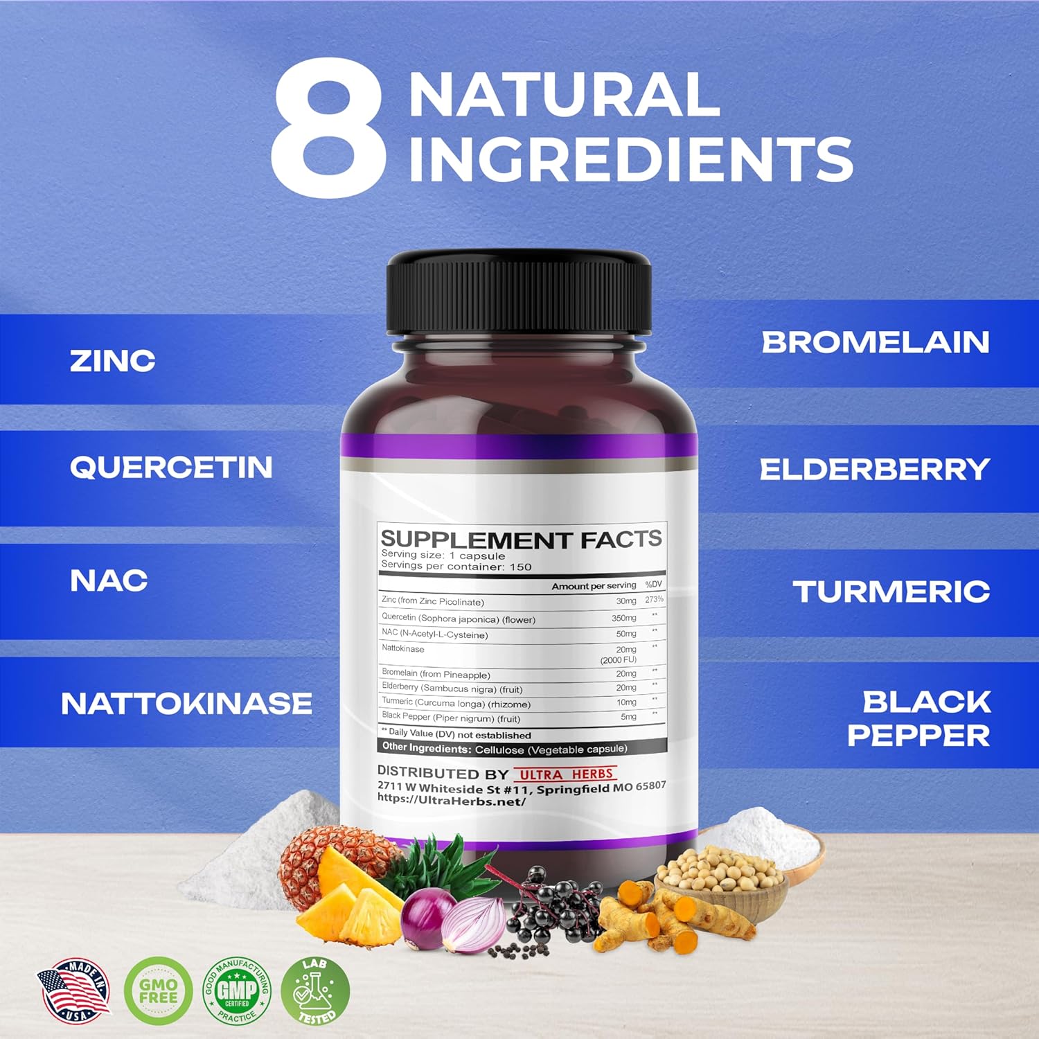Quercetin Supplement with Bromelain, Vitamin C and Zinc, Nattokinase, NAC, Elderberry, Elderberry | 8 in 1 Ultra Antioxidant Complex for Immune Health | 150 Capsules