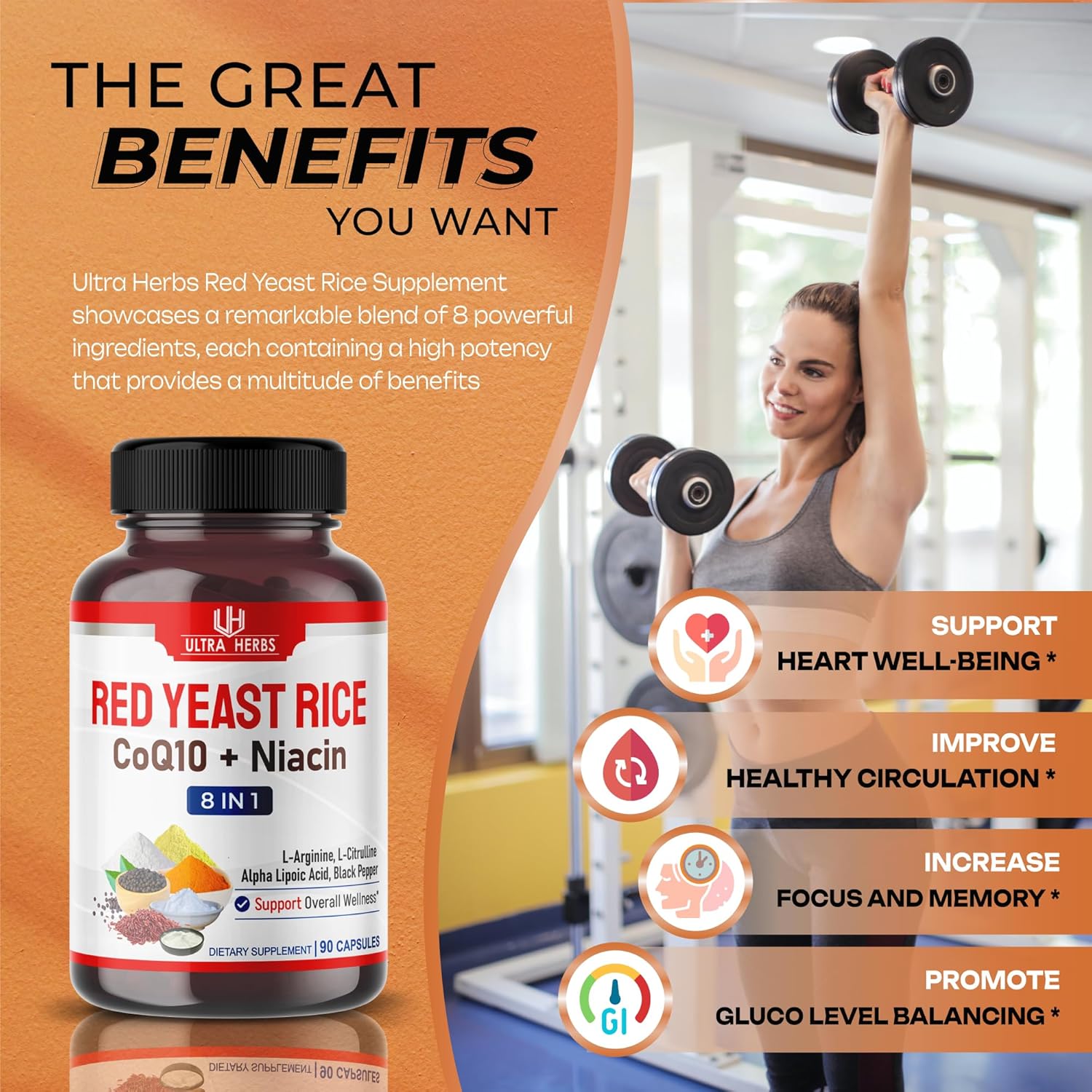 Ultra Red Yeast Rice CoQ10 - Promote Overall Health with Niacin, L-Arginine, L-Citrulline (90 Count (Pack of 1))