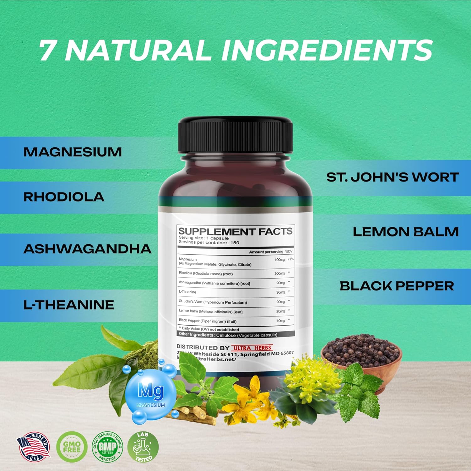 Rhodiola Rosea Supplement Enriched with Ashwagandha, Magnesium, L-Theanine, St. John's Wort, Lemon Balm - Support Mood, Sleeps Quality, and Mental Focus | 150 Capsules