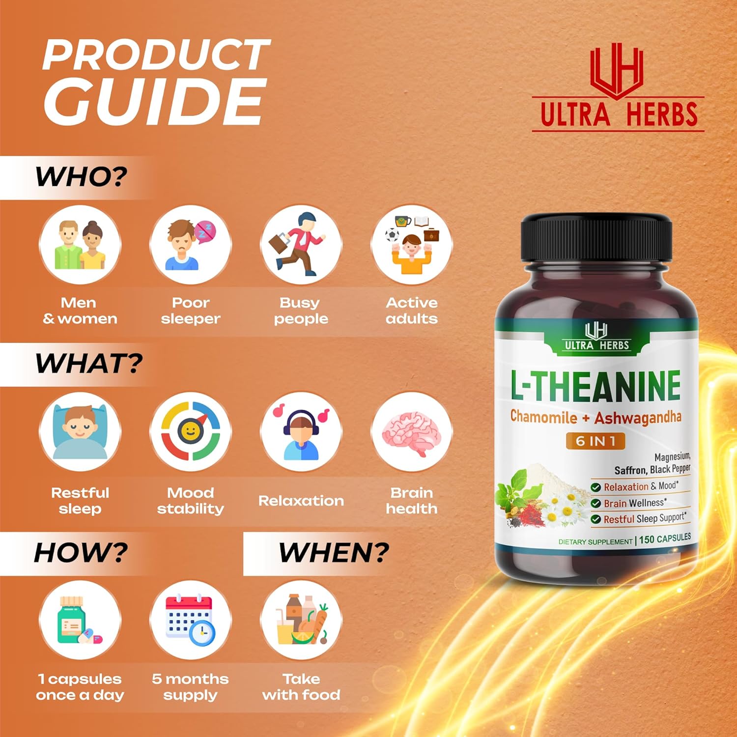 L-Theanine Supplement - 6 IN 1 Complex Enriched with Magnesium, Ashwagandha, Saffron, Chamomile - Support Relaxation, Calmness & Sleep Quality | 150 Capsules