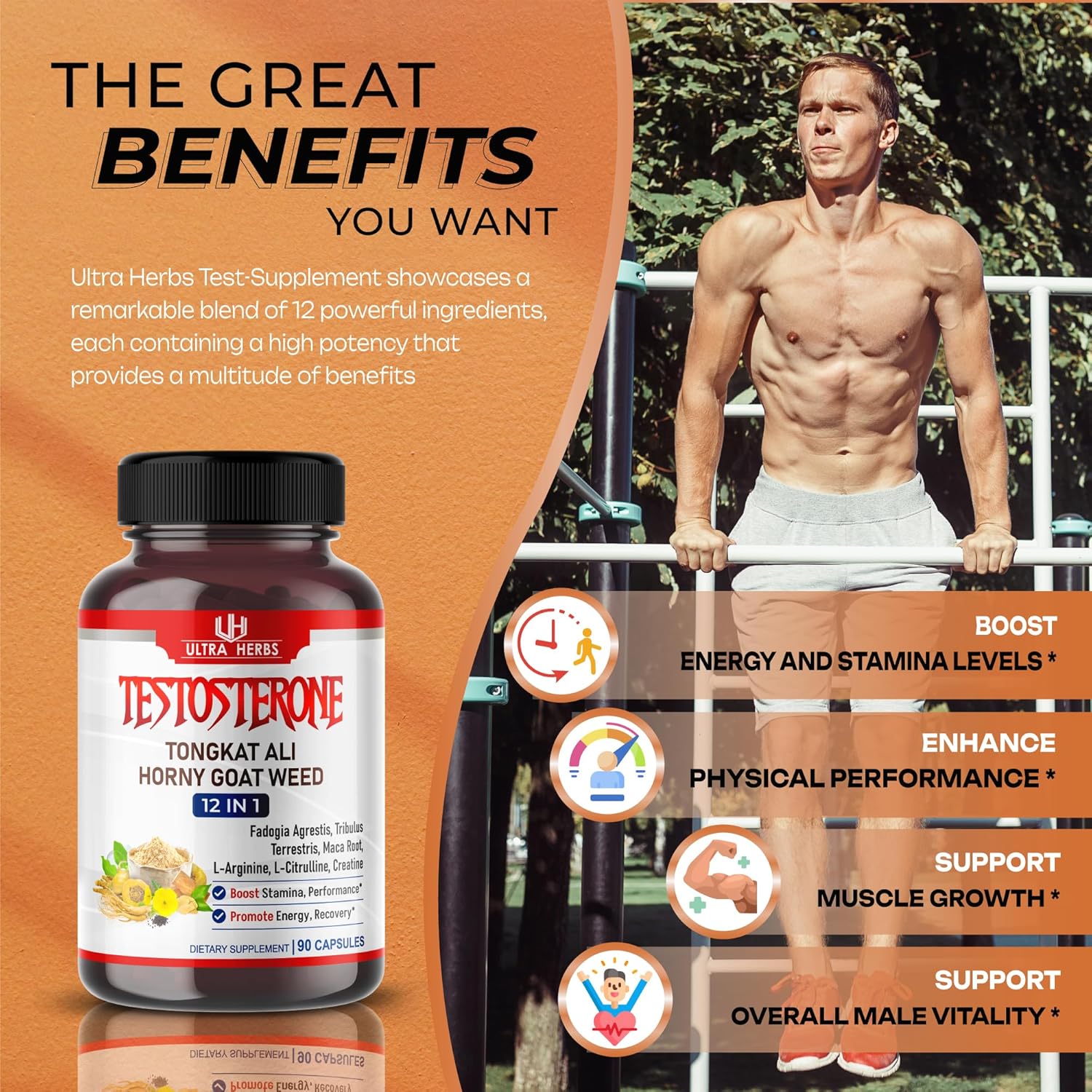 Ultra Test Capsule 12 in 1 Complex with L-Arginine, Fadogia Agrestis, Tribulus Terrestris, Maca Root, Beetroot, L-Citrulline, Creatine - USA Made (90-Day Supply)