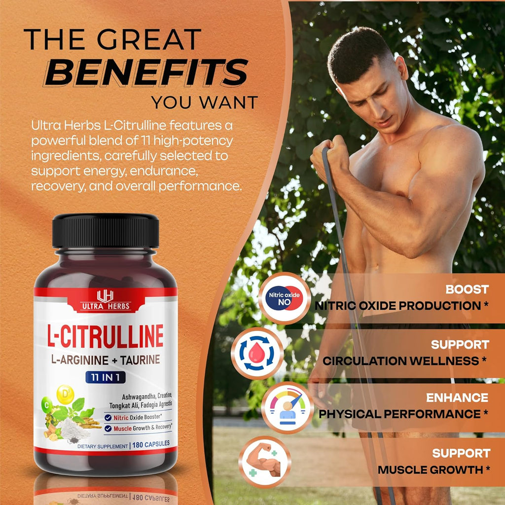 L-Citrulline Supplement Capsules Enriched with L-Arginine, Taurine, Creatine, Tongkat Ali, Fadogia Agrestis | Ultra Nitric Oxide Booster for Muscle Endurance, Stamina & Recovery | 180 Capsules