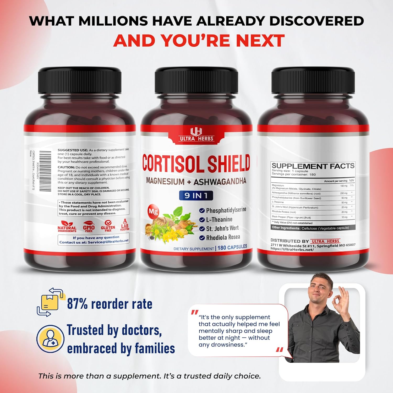 CORTISOL Shield 9-in-1 -Magnesium + Ashwagandha with Phosphatidylserine, L-Theanine, St. John's Wort, Rhodiola Rosea - Relaxation Support, Hormone Balance - USA Made (180 Count (Pack of 1))
