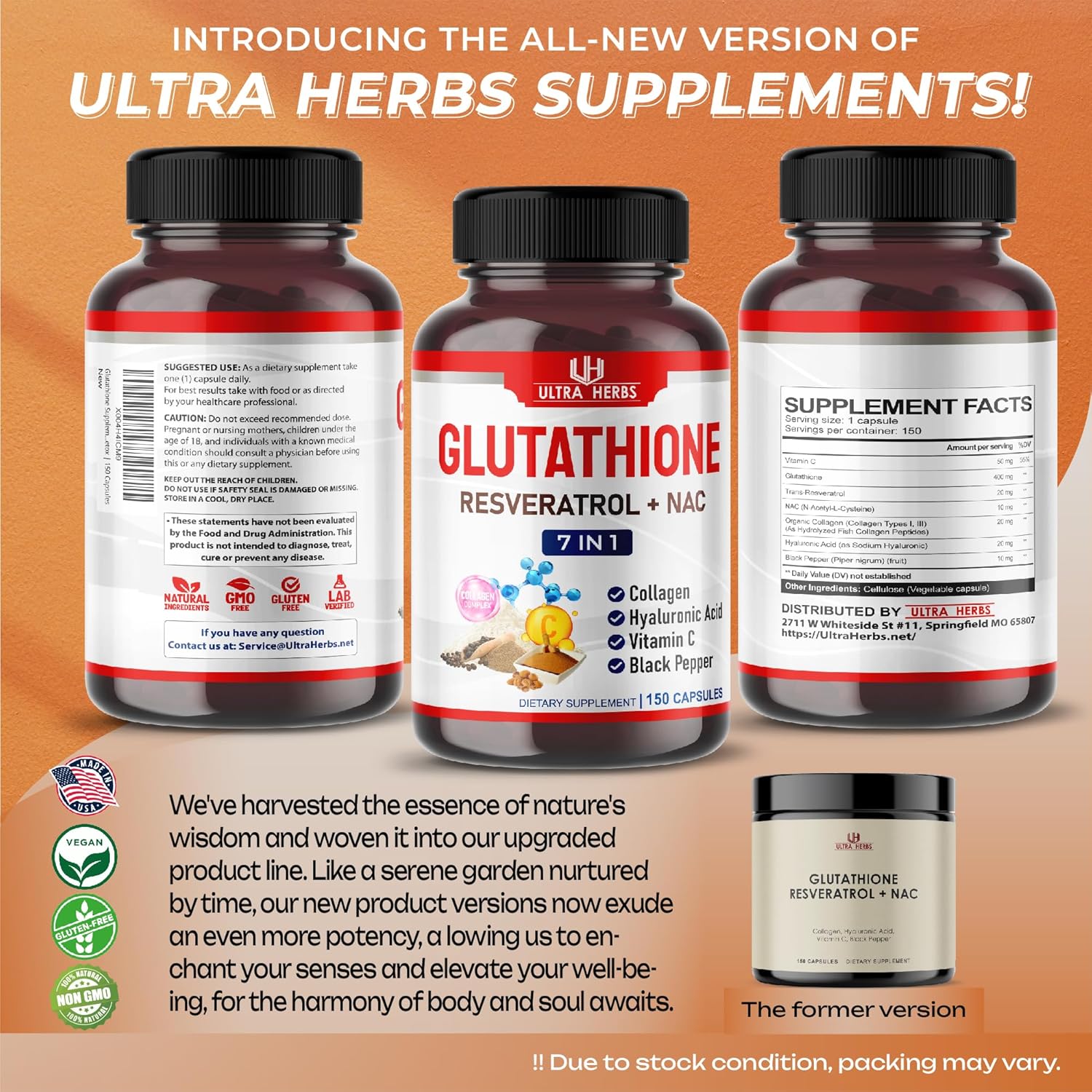 Glutathione Supplement Active Reduced Form, Enriched with Resveratrol, NAC, Collagen, Hyaluronic Acid, Vitamin C - Advanced Antioxidant for Immunity & Detox | 150 Capsules