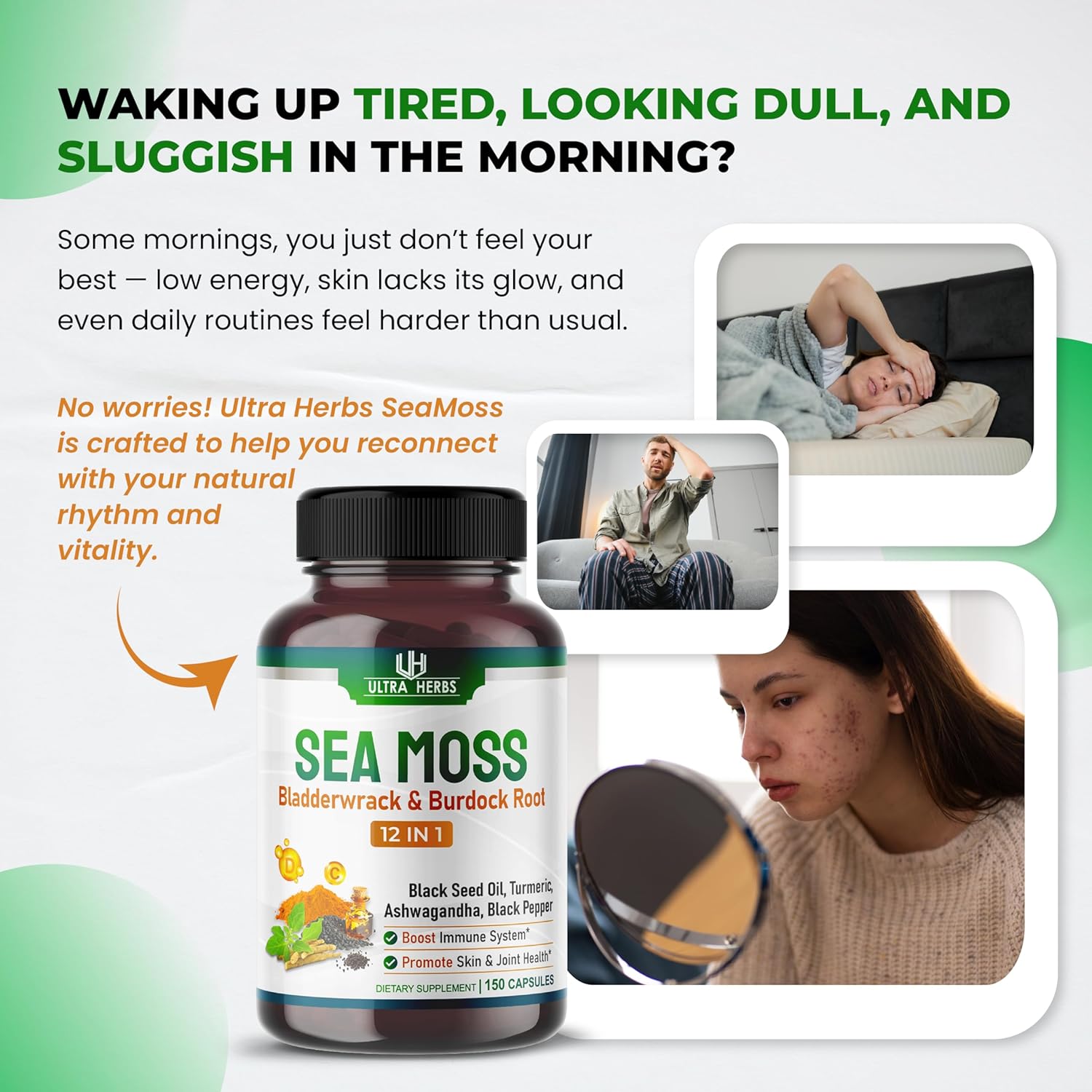 Organic Sea Moss Capsules with Black Seed Oil, Ashwagandha, Burdock Root, Bladderwrack for Immune System, Gut, Skin & Energy *USA Made & Tested* (150 Count (Pack of 1))