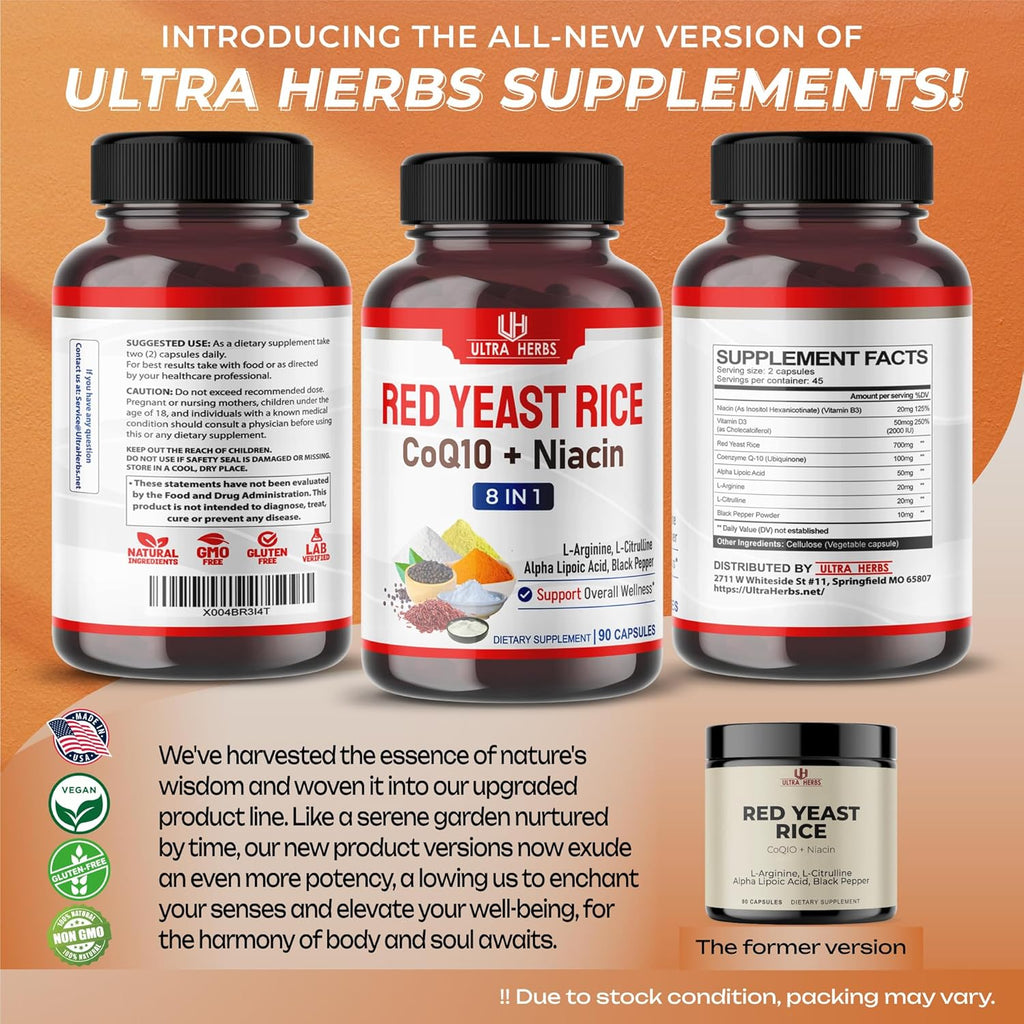 Ultra Red Yeast Rice CoQ10 - Promote Overall Health with Niacin, L-Arginine, L-Citrulline (90 Count (Pack of 1))
