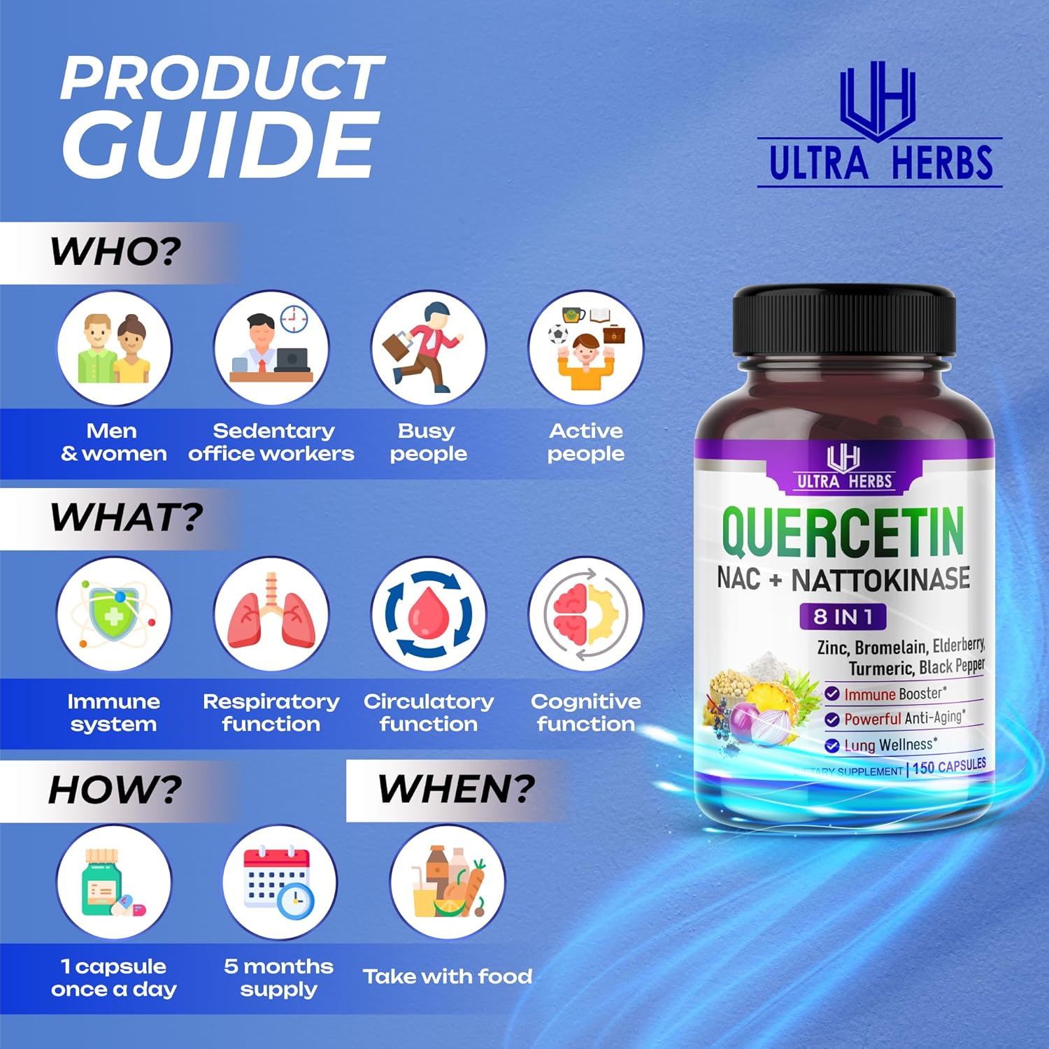 Quercetin Supplement with Bromelain, Vitamin C and Zinc, Nattokinase, NAC, Elderberry, Elderberry | 8 in 1 Ultra Antioxidant Complex for Immune Health | 150 Capsules