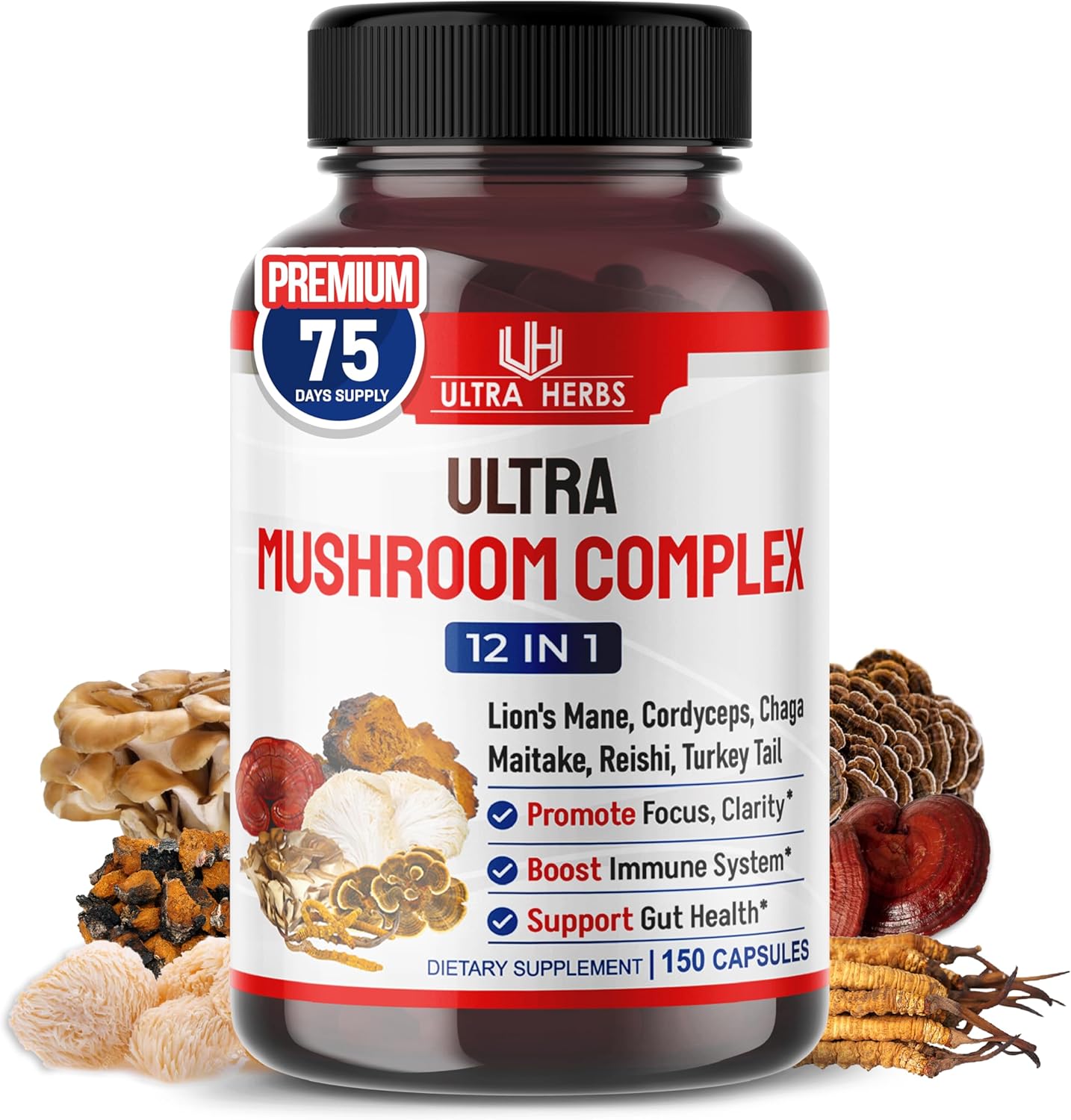 Ultra Mushroom Supplement Complex w Lion's Mane Cordyceps Maitake - 8 in 1 Mushroom Brain Supplements for Enhanced Clarity and Focus | 150 Capsules