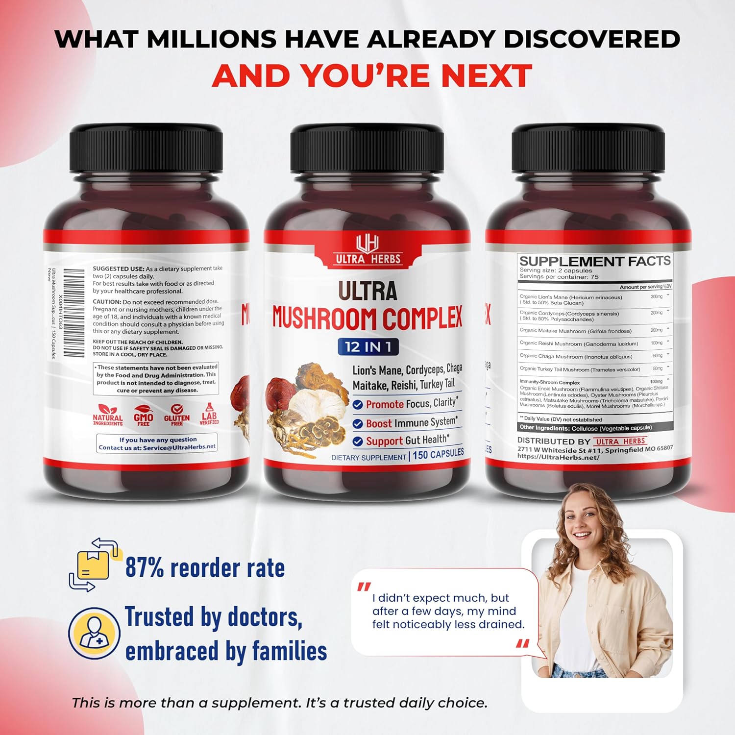 Ultra Mushroom Supplement Complex w Lion's Mane Cordyceps Maitake - 8 in 1 Mushroom Brain Supplements for Enhanced Clarity and Focus | 150 Capsules