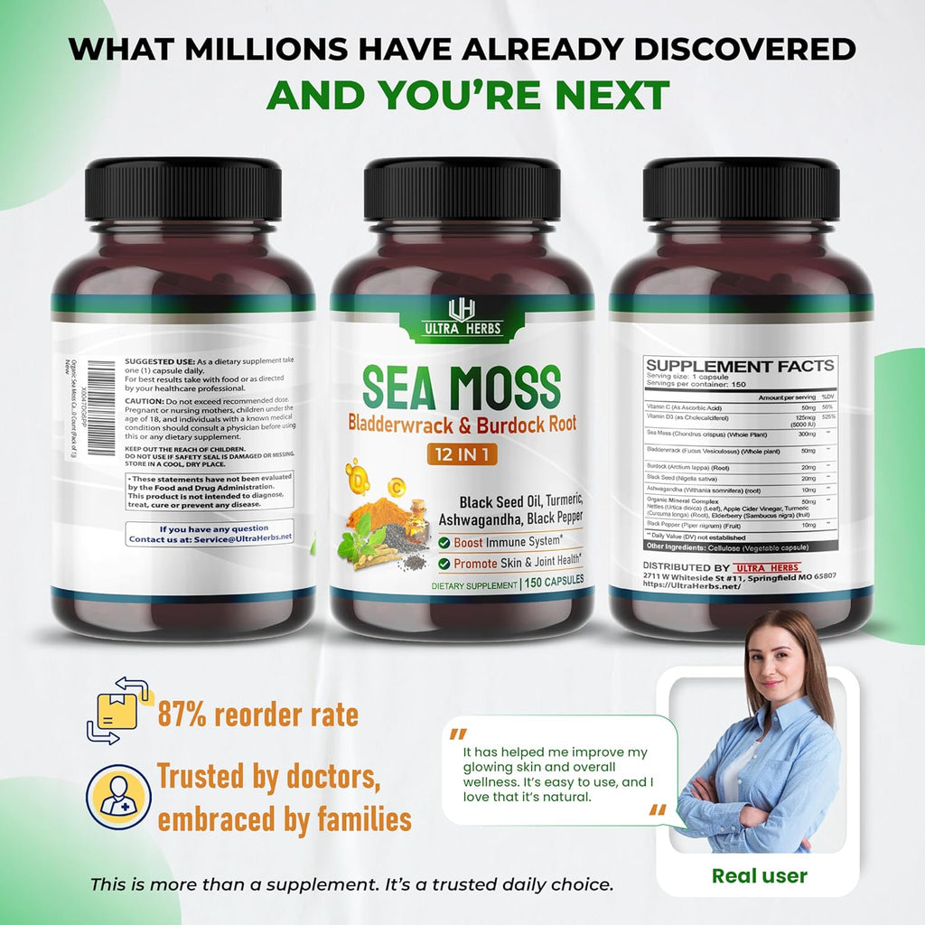 Organic Sea Moss Capsules with Black Seed Oil, Ashwagandha, Burdock Root, Bladderwrack for Immune System, Gut, Skin & Energy *USA Made & Tested* (150 Count (Pack of 1))