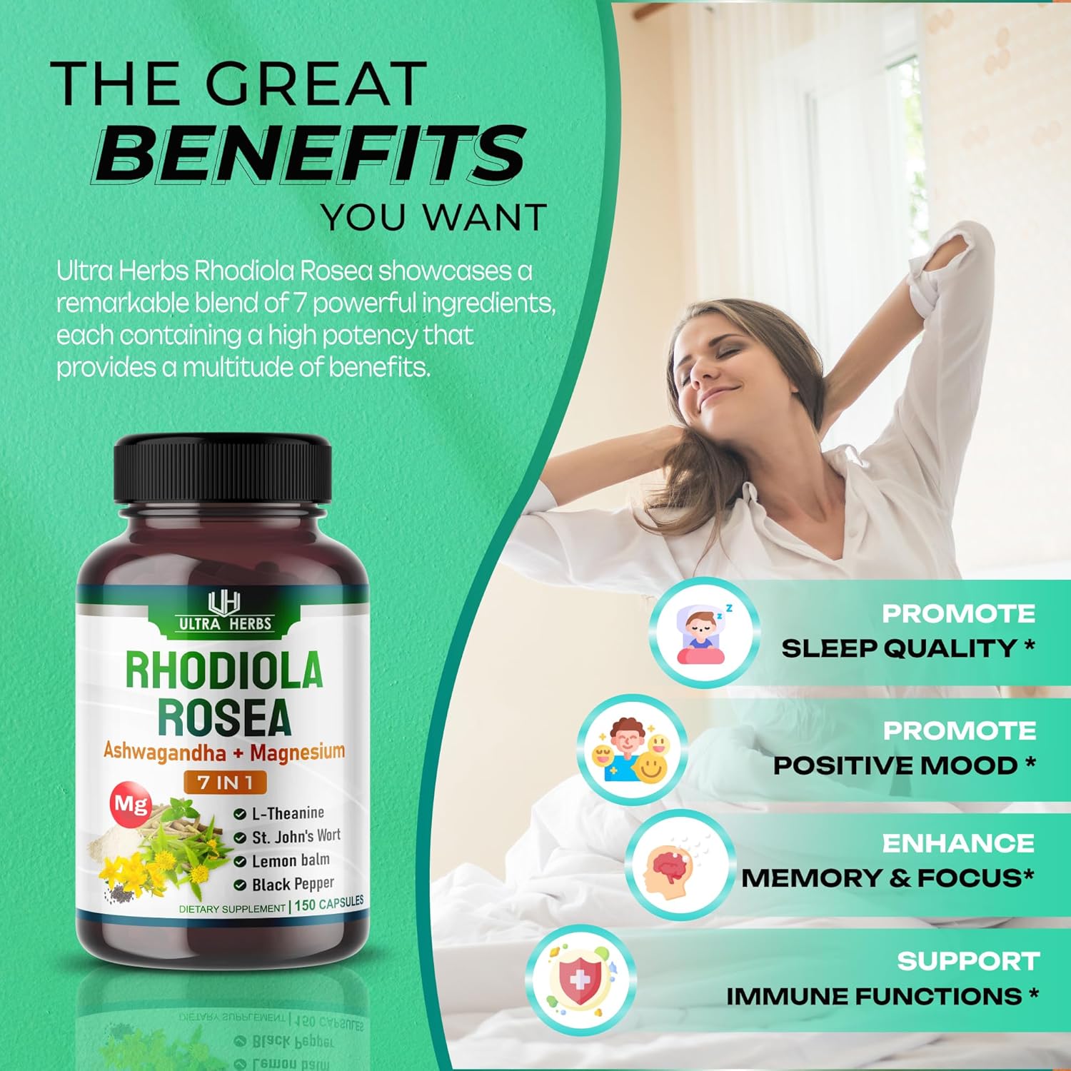 Rhodiola Rosea Supplement Enriched with Ashwagandha, Magnesium, L-Theanine, St. John's Wort, Lemon Balm - Support Mood, Sleeps Quality, and Mental Focus | 150 Capsules