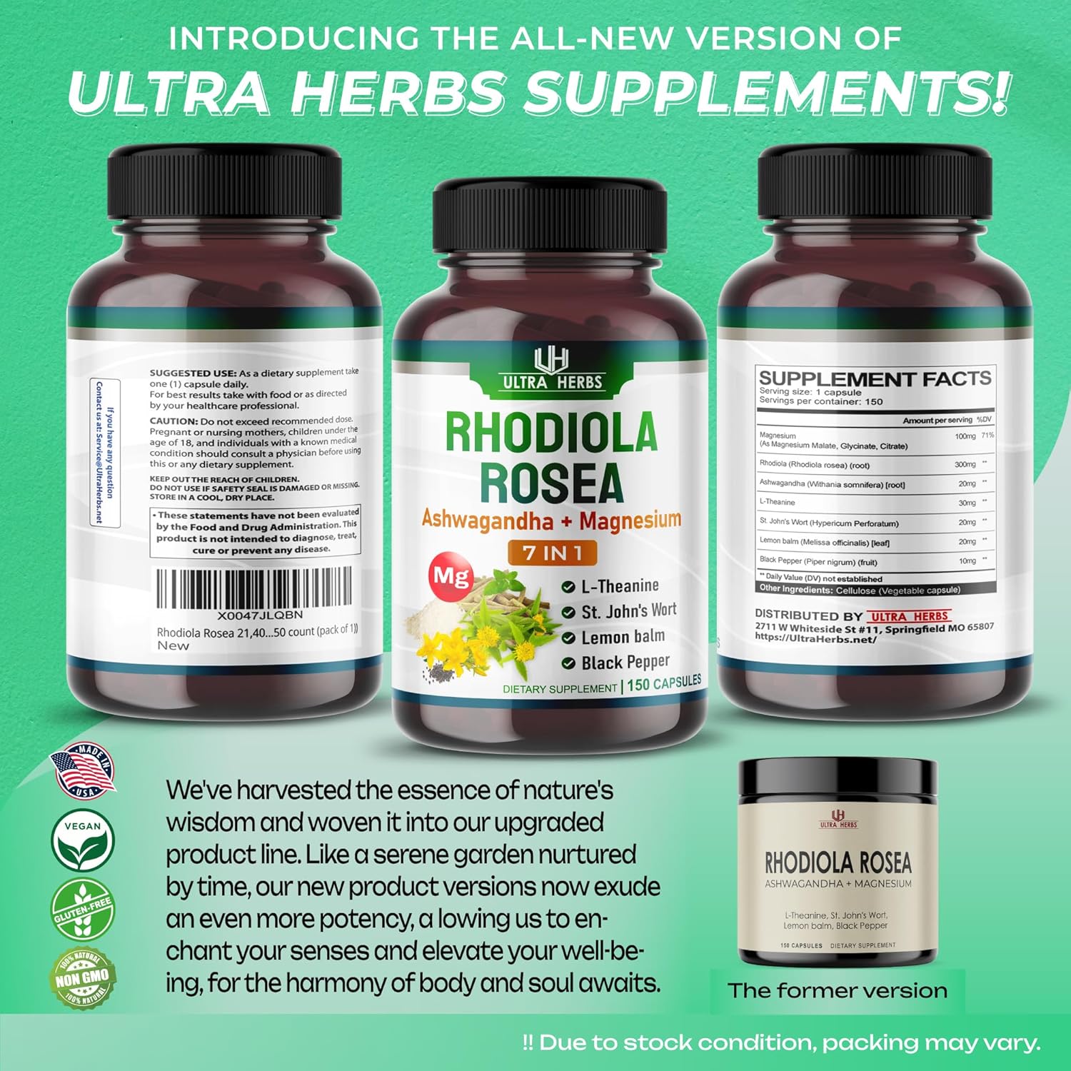 Rhodiola Rosea Supplement Enriched with Ashwagandha, Magnesium, L-Theanine, St. John's Wort, Lemon Balm - Support Mood, Sleeps Quality, and Mental Focus | 150 Capsules
