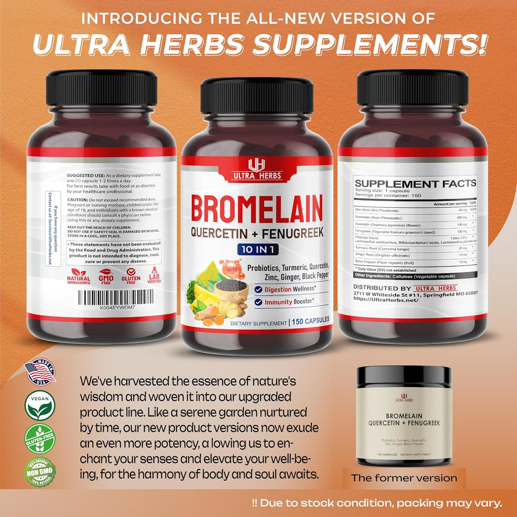 Bromelain Supplement with Quercetin, Zinc, Fenugreek, Turmeric, Ginger, Black Pepper & Probiotics - Supports Digestion, Joint Health & Nutrient Absorption | 150 Capsules