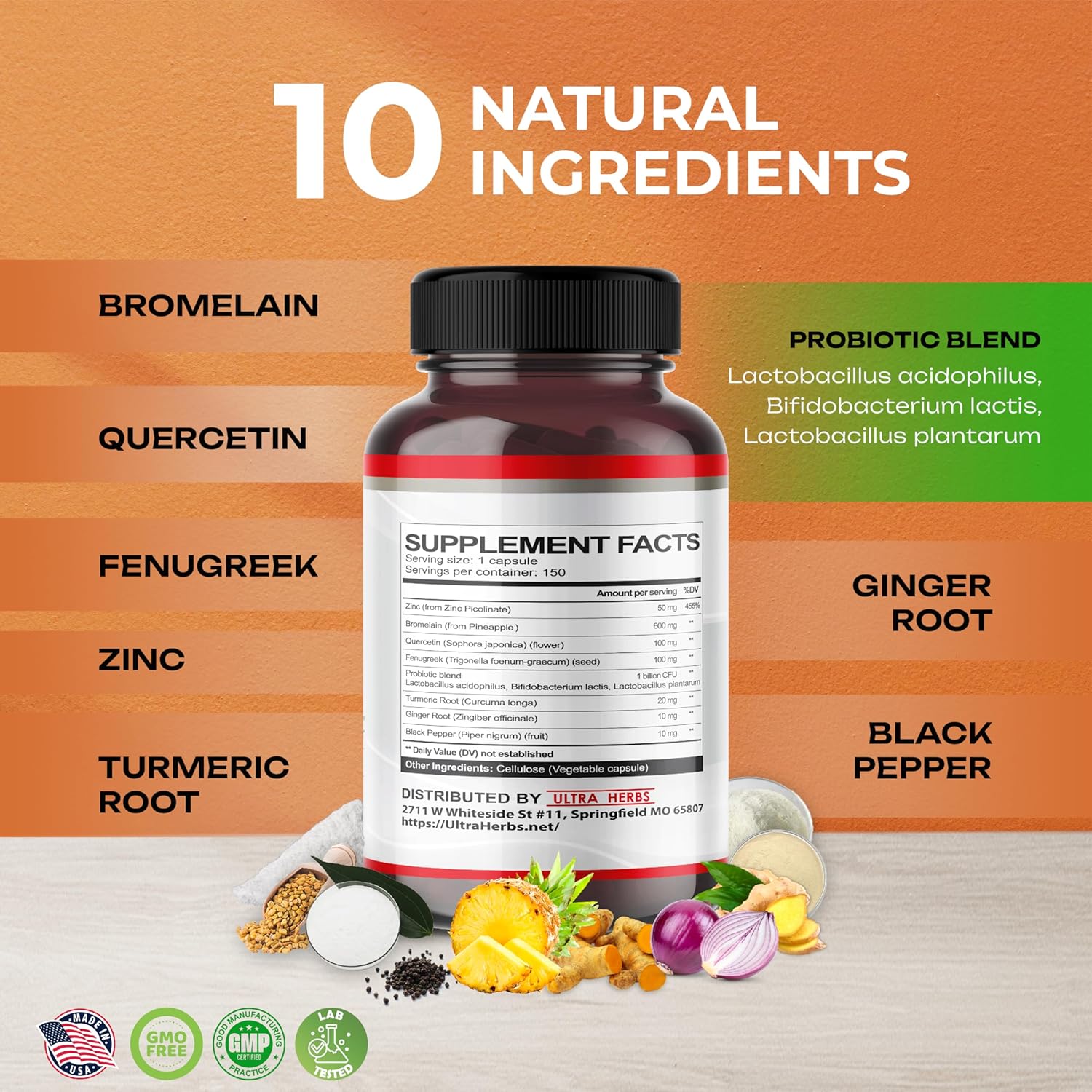 Bromelain Supplement with Quercetin, Zinc, Fenugreek, Turmeric, Ginger, Black Pepper & Probiotics - Supports Digestion, Joint Health & Nutrient Absorption | 150 Capsules