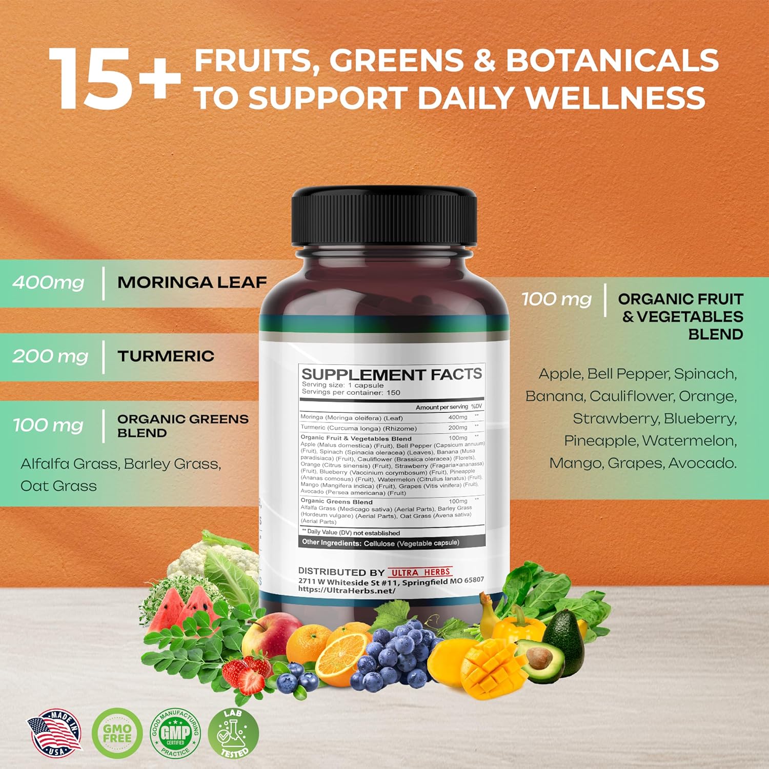 Superfood Greens 18 IN 1 - with Fruits & Vegetables & Herbs -Moringa, Alfalfa, Apple, Spinatch, Banana, Strawberry- Boost Energy, Immunity and Gut Health (150-day supply (pack of 1))