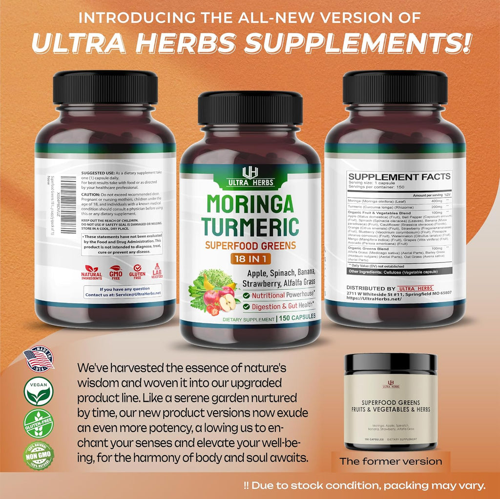 Superfood Greens 18 IN 1 - with Fruits & Vegetables & Herbs -Moringa, Alfalfa, Apple, Spinatch, Banana, Strawberry- Boost Energy, Immunity and Gut Health (150-day supply (pack of 1))