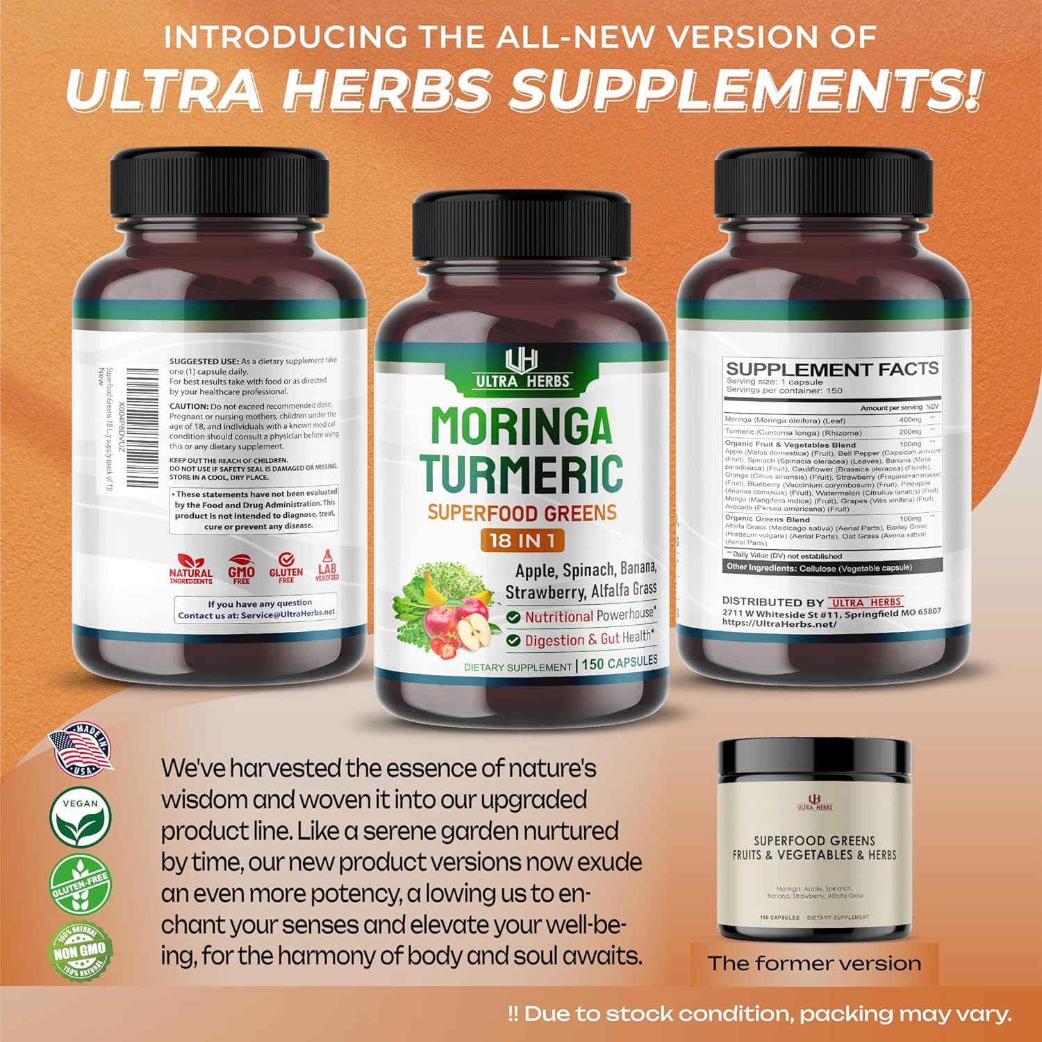 Superfood Greens 18 IN 1 - with Fruits & Vegetables & Herbs -Moringa, Alfalfa, Apple, Spinatch, Banana, Strawberry- Boost Energy, Immunity and Gut Health (150-day supply (pack of 1))