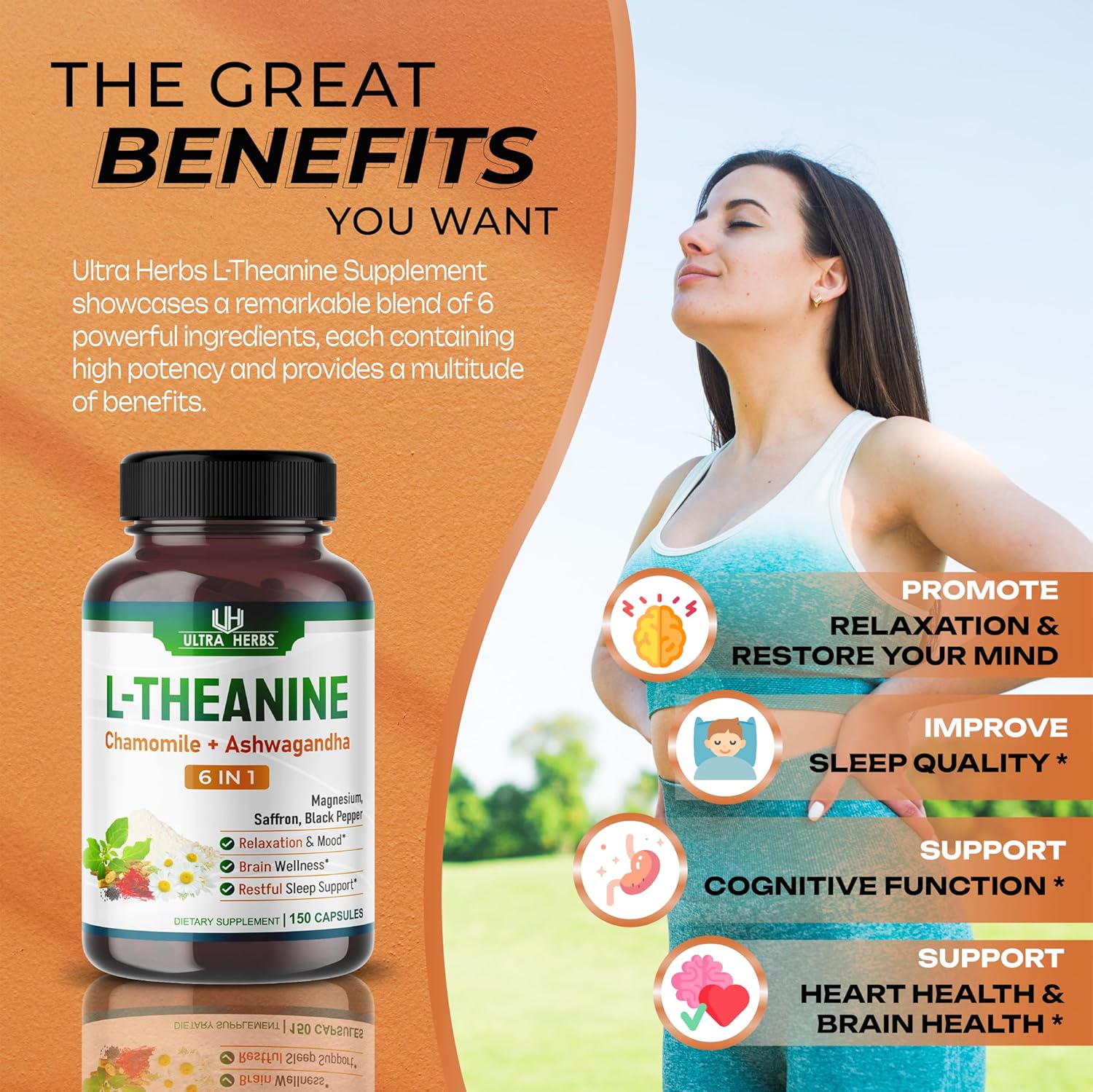 L-Theanine Supplement - 6 IN 1 Complex Enriched with Magnesium, Ashwagandha, Saffron, Chamomile - Support Relaxation, Calmness & Sleep Quality | 150 Capsules