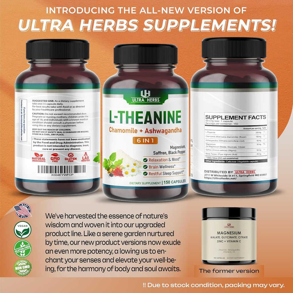 L-Theanine Supplement - 6 IN 1 Complex Enriched with Magnesium, Ashwagandha, Saffron, Chamomile - Support Relaxation, Calmness & Sleep Quality | 150 Capsules