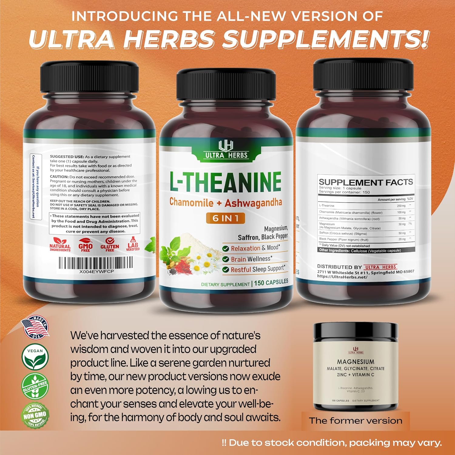 L-Theanine Supplement - 6 IN 1 Complex Enriched with Magnesium, Ashwagandha, Saffron, Chamomile - Support Relaxation, Calmness & Sleep Quality | 150 Capsules