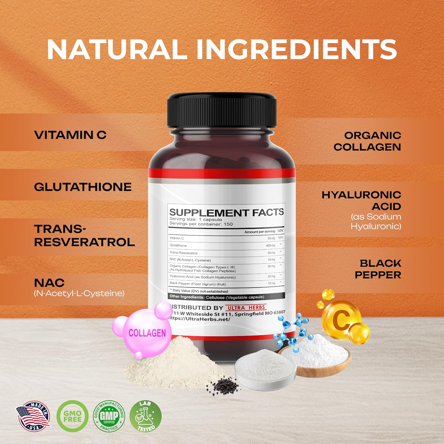 Glutathione Supplement Active Reduced Form, Enriched with Resveratrol, NAC, Collagen, Hyaluronic Acid, Vitamin C - Advanced Antioxidant for Immunity & Detox | 150 Capsules