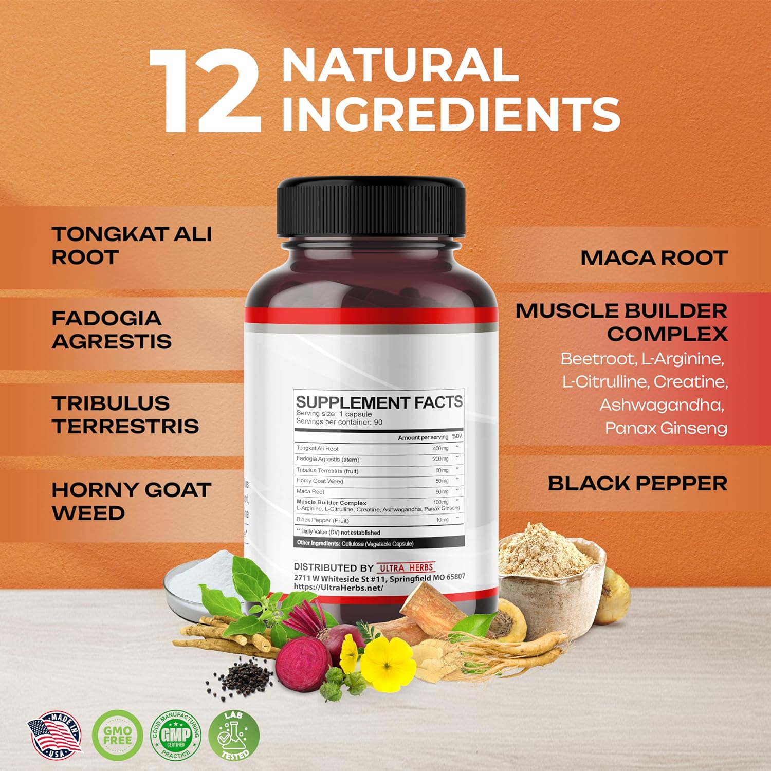 Ultra Test Capsule 12 in 1 Complex with L-Arginine, Fadogia Agrestis, Tribulus Terrestris, Maca Root, Beetroot, L-Citrulline, Creatine - USA Made (90-Day Supply)