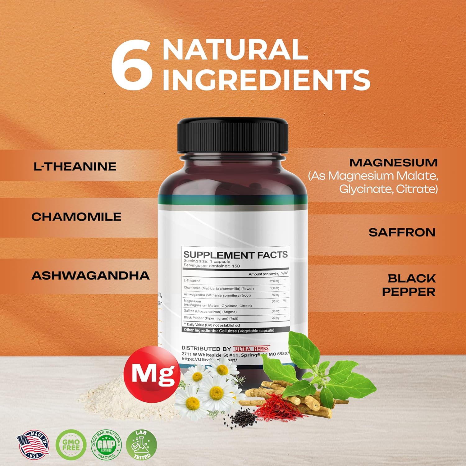 L-Theanine Supplement - 6 IN 1 Complex Enriched with Magnesium, Ashwagandha, Saffron, Chamomile - Support Relaxation, Calmness & Sleep Quality | 150 Capsules
